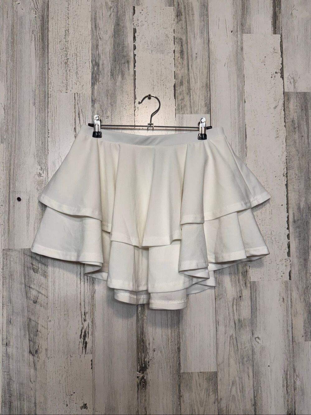 SHEIN Tiered Ruffle Mini Skirt Solid White High Waist Stretchy Womens Medium